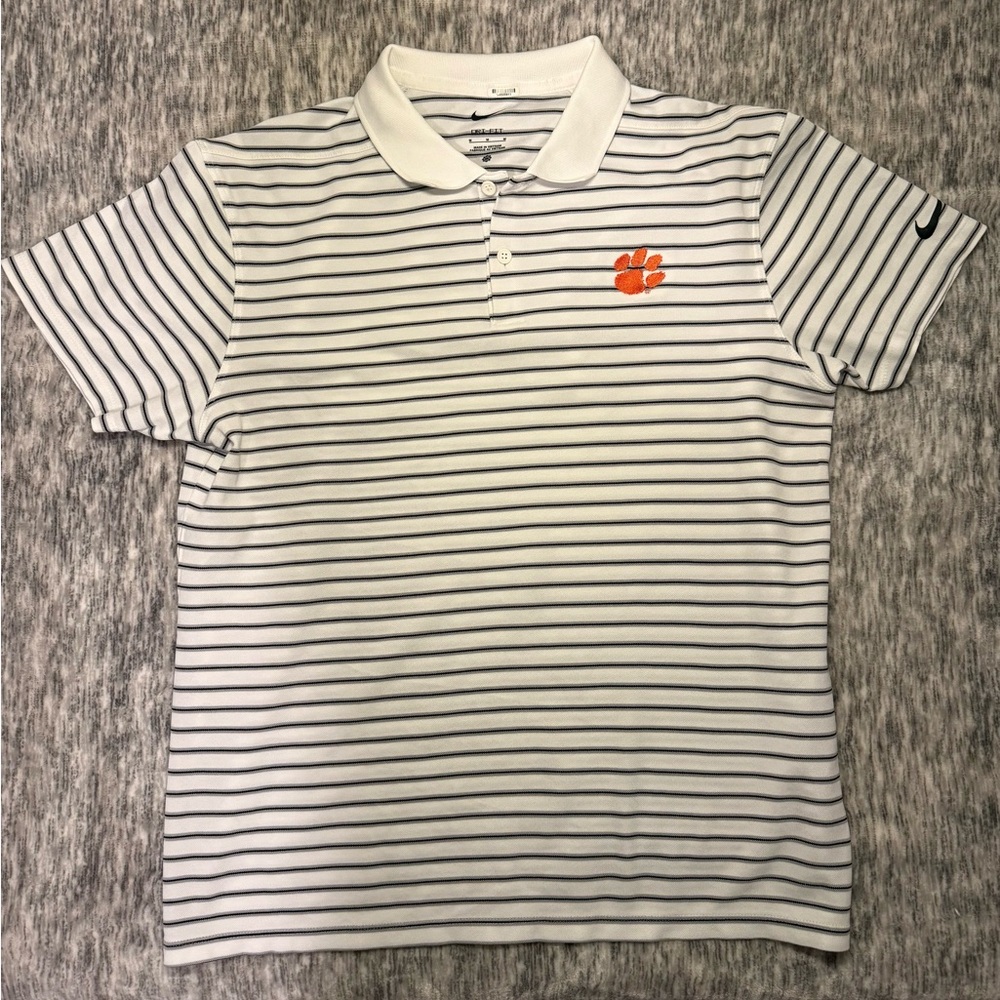 Nike Black and White Striped Polo with Clemson Logo